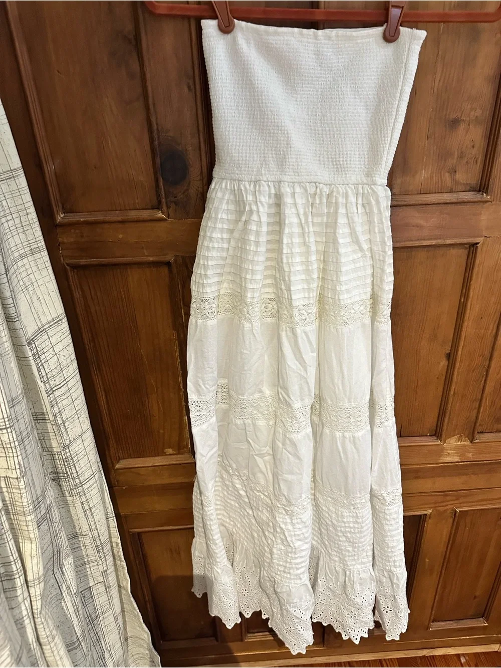 Katie J White Strapless Eyelet Tiered Maxi Dress